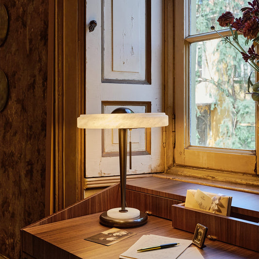 Vintage Inspired Table Lamp with Bronze Base and Alabaster Shade