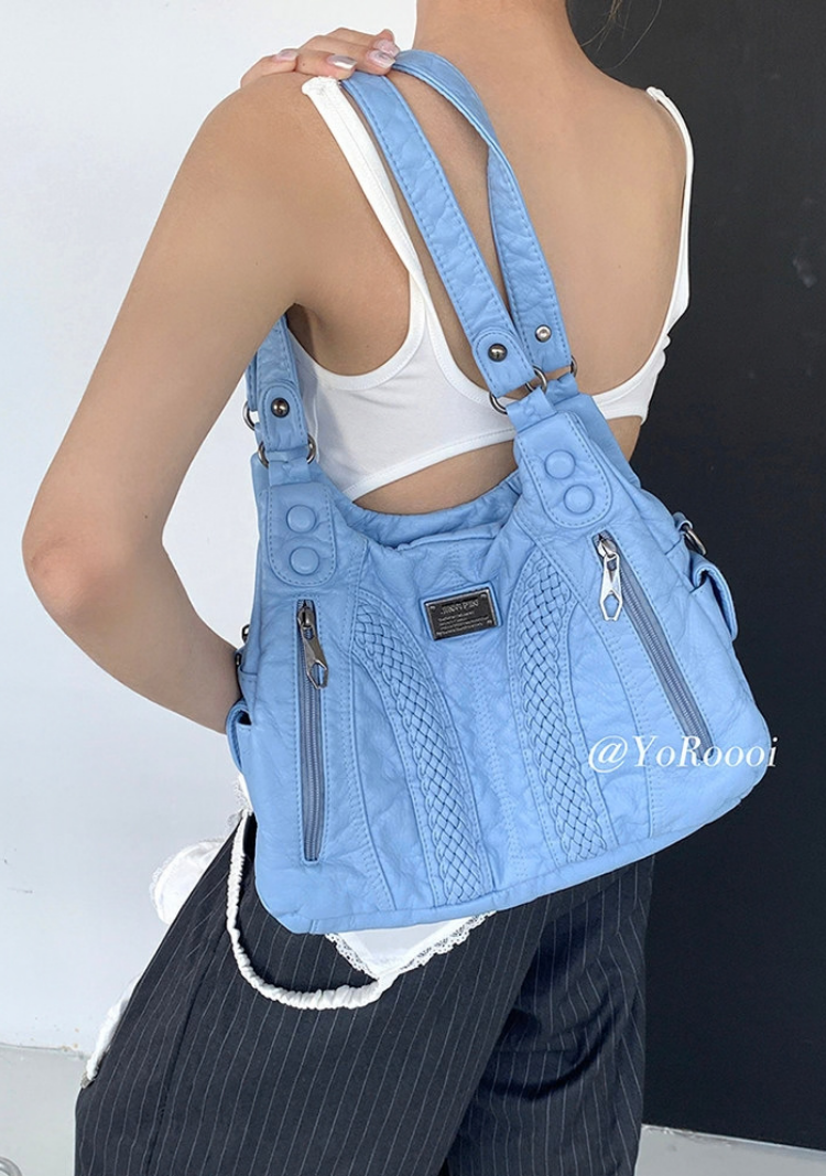 Soft Washed Blue PU Leather Shoulder Bag | Trendy Crossbody Purse for Women