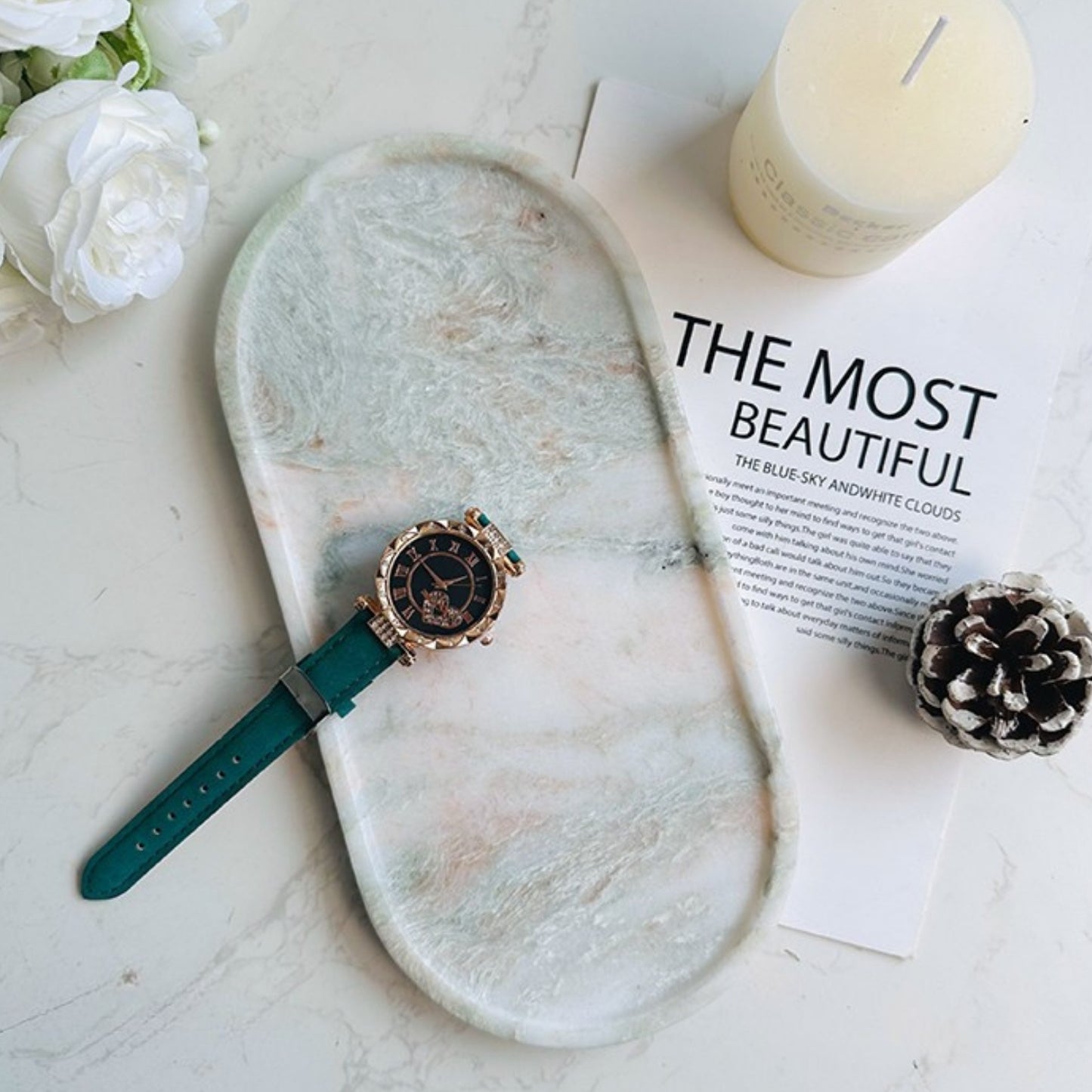 Natural Jade Marble Luxury Oval Tray - Aromatherapy & Jewelry Organizer