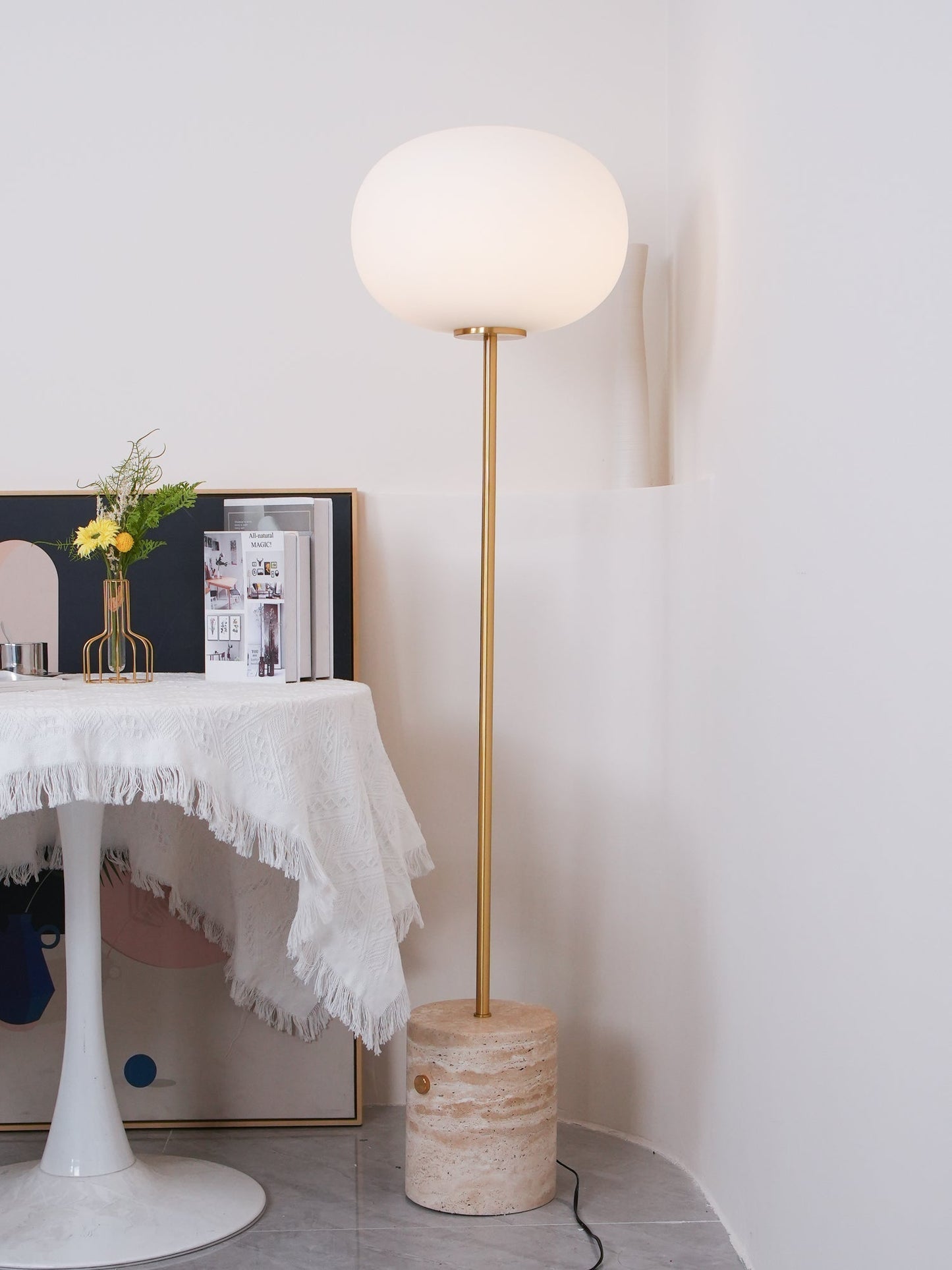 Marble Floor Lamp with Glass Globe Shade – Modern Gold Metal Stand