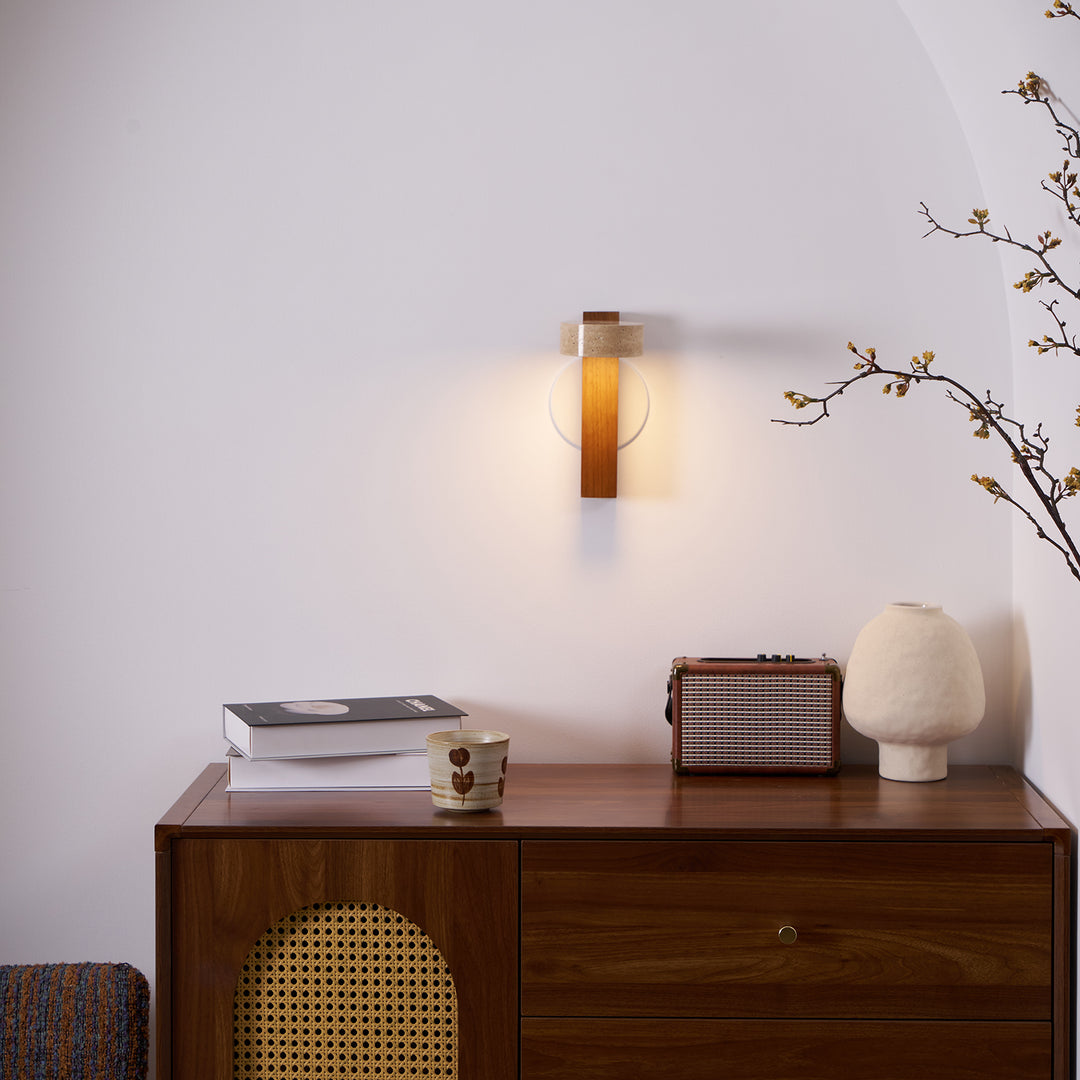Travertine Wall Light with Wood – Modern Rotatable Sconce Lamp