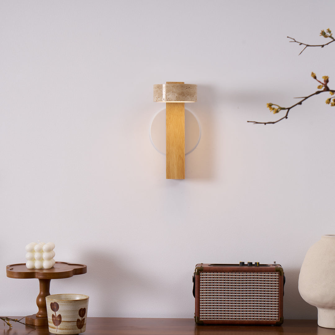 Travertine Wall Light with Wood – Modern Rotatable Sconce Lamp