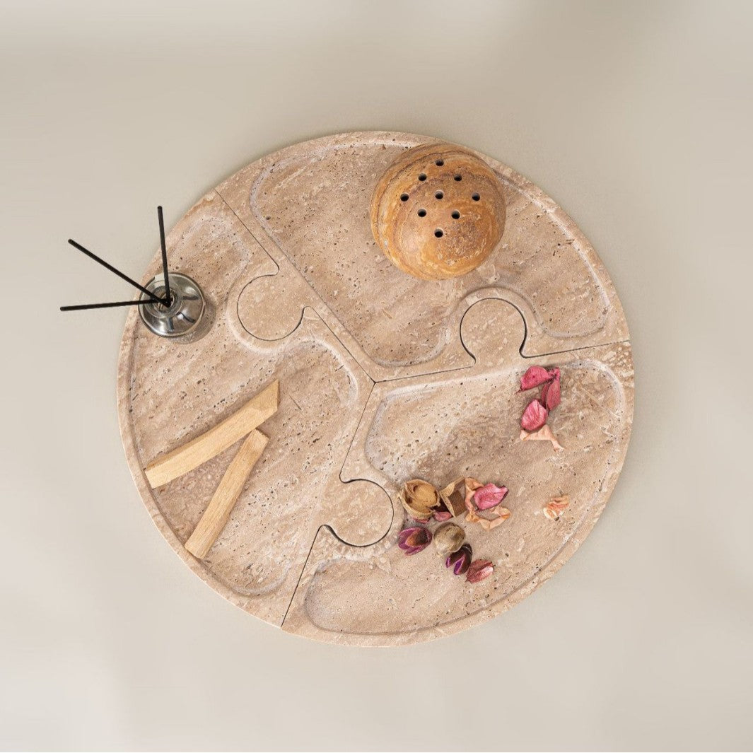 Wabi-Sabi Natural Travertine Puzzle Tray – 3-Piece Split Storage Decor