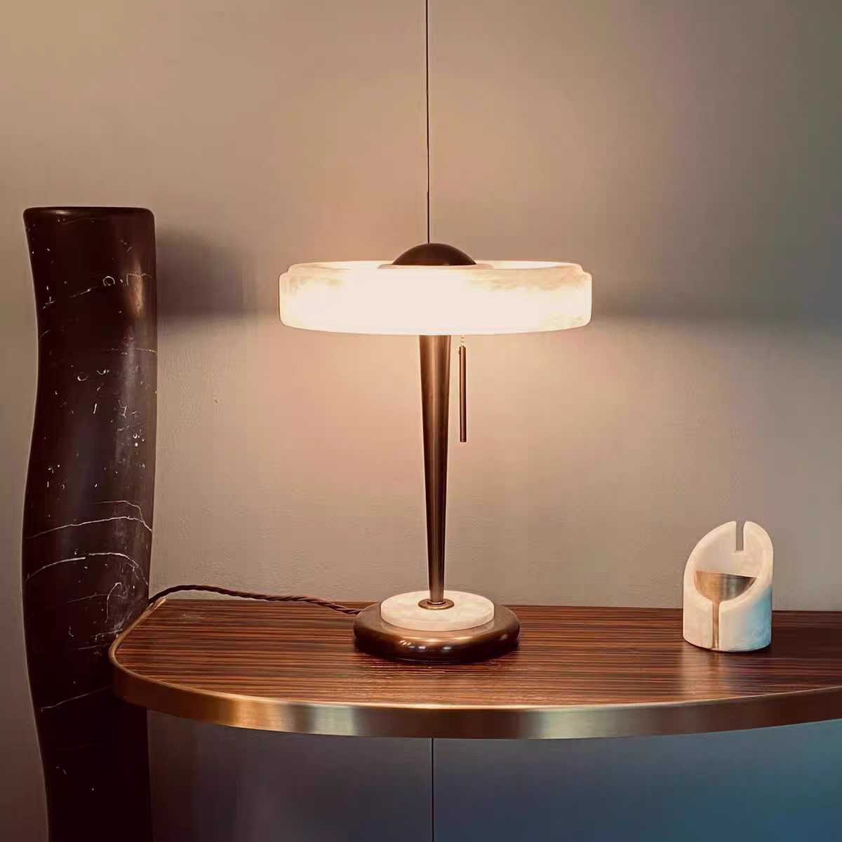 Vintage Inspired Table Lamp with Bronze Base and Alabaster Shade