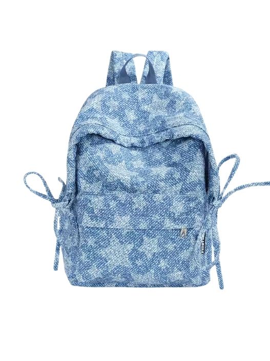 Korean Style Denim Backpack | Patchwork & Snow-Wash Blue Jean Daypack | Fits iPad & Daily Essentials