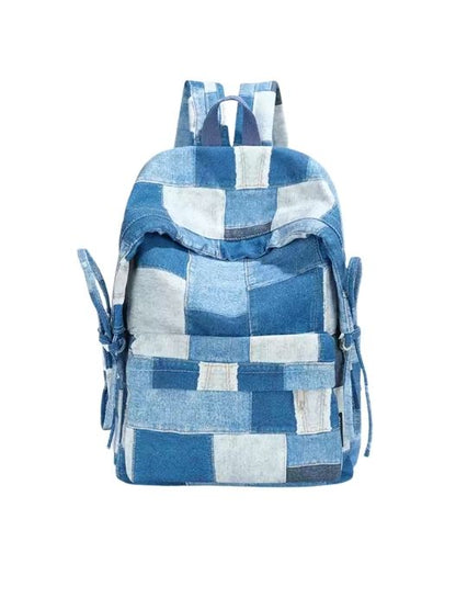 Korean Style Denim Backpack | Patchwork & Snow-Wash Blue Jean Daypack | Fits iPad & Daily Essentials