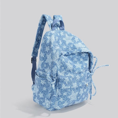 Korean Style Denim Backpack | Patchwork & Snow-Wash Blue Jean Daypack | Fits iPad & Daily Essentials