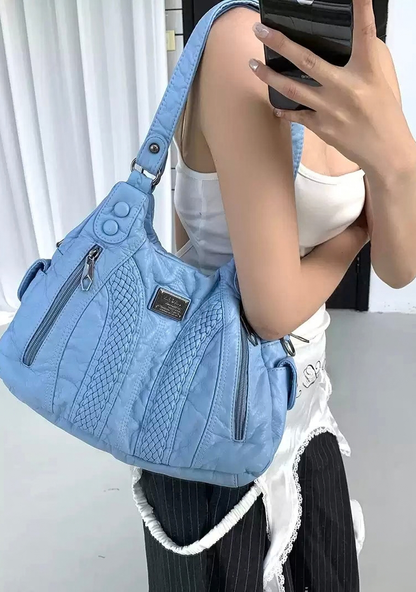 Soft Washed Blue PU Leather Shoulder Bag | Trendy Crossbody Purse for Women