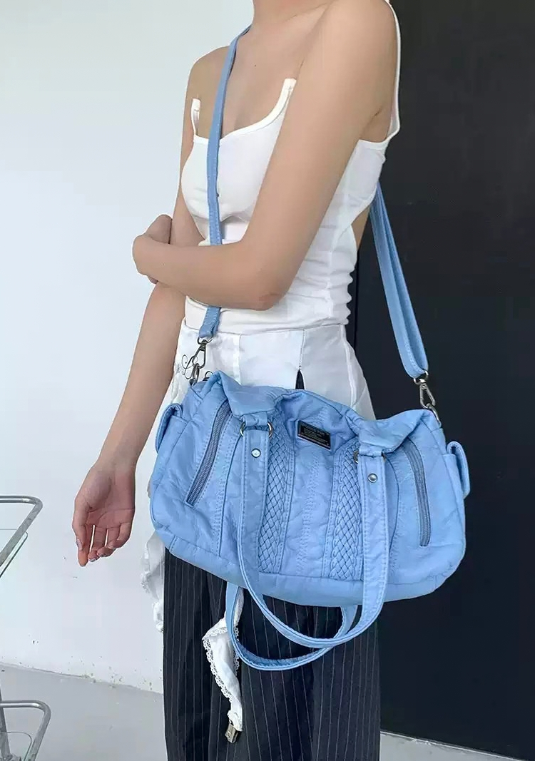 Soft Washed Blue PU Leather Shoulder Bag | Trendy Crossbody Purse for Women