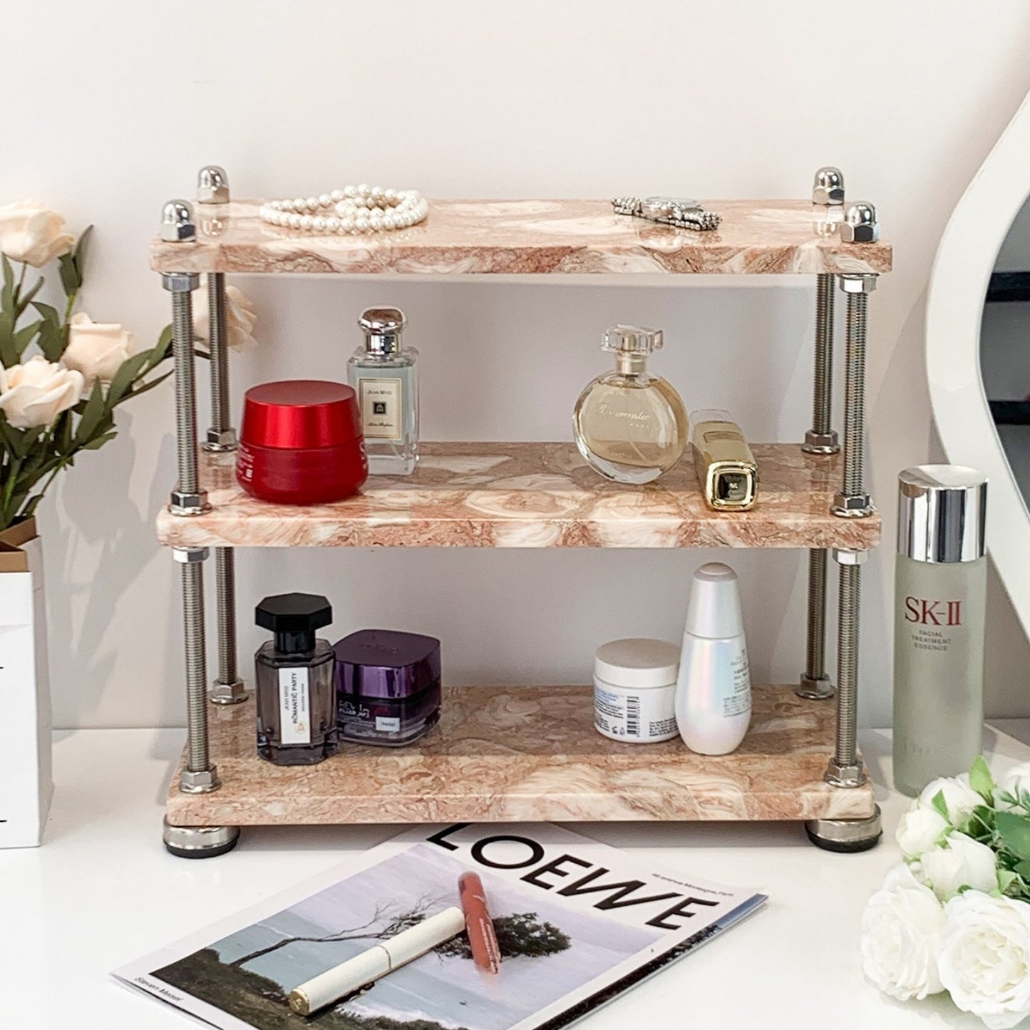 Natural Marble Multi-Tier Organizer | Vanity & Countertop Storage