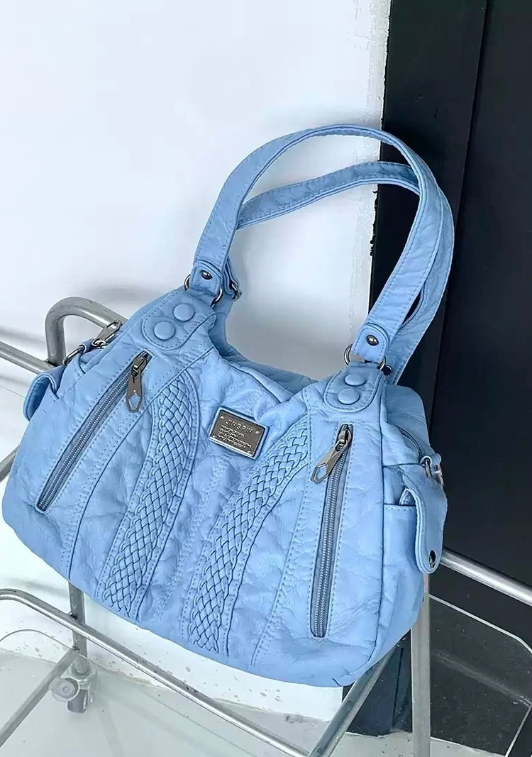 Soft Washed Blue PU Leather Shoulder Bag | Trendy Crossbody Purse for Women