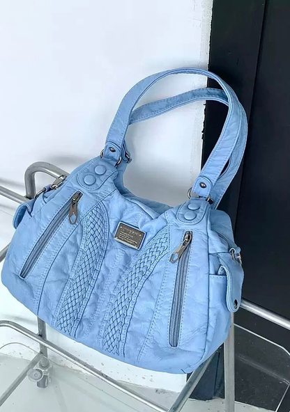 Soft Washed Blue PU Leather Shoulder Bag | Trendy Crossbody Purse for Women