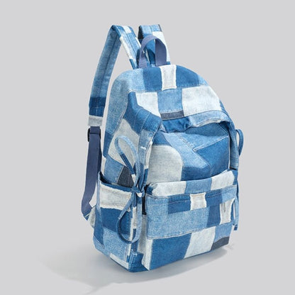 Korean Style Denim Backpack | Patchwork & Snow-Wash Blue Jean Daypack | Fits iPad & Daily Essentials