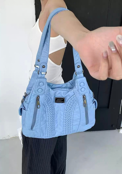 Soft Washed Blue PU Leather Shoulder Bag | Trendy Crossbody Purse for Women