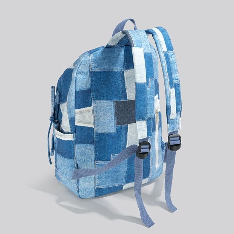 Korean Style Denim Backpack | Patchwork & Snow-Wash Blue Jean Daypack | Fits iPad & Daily Essentials