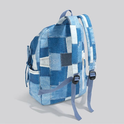 Korean Style Denim Backpack | Patchwork & Snow-Wash Blue Jean Daypack | Fits iPad & Daily Essentials