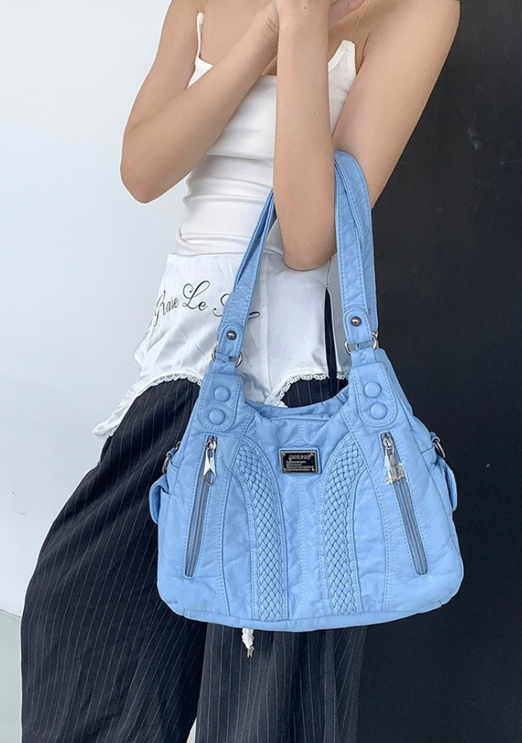 Soft Washed Blue PU Leather Shoulder Bag | Trendy Crossbody Purse for Women