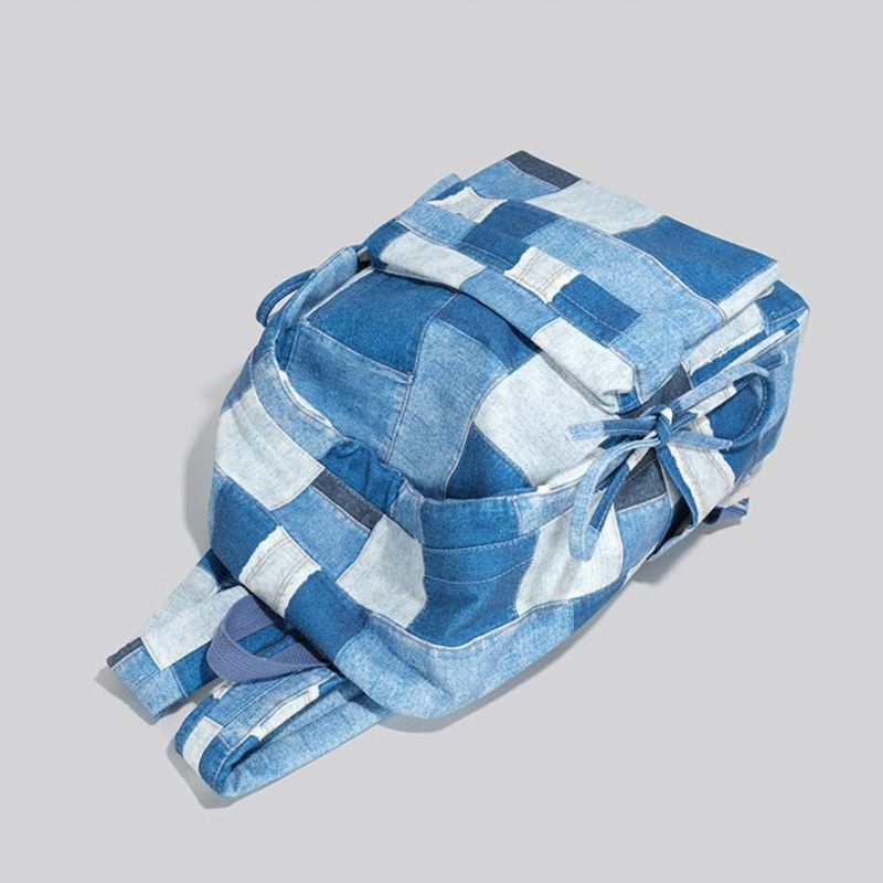 Korean Style Denim Backpack | Patchwork & Snow-Wash Blue Jean Daypack | Fits iPad & Daily Essentials