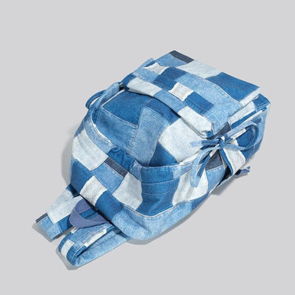 Korean Style Denim Backpack | Patchwork & Snow-Wash Blue Jean Daypack | Fits iPad & Daily Essentials