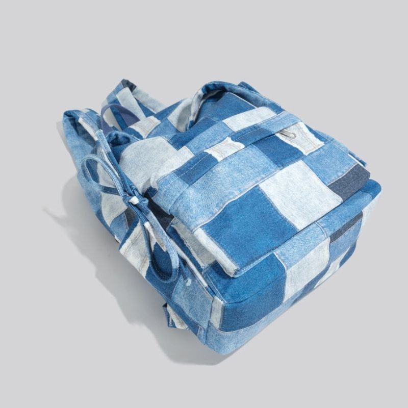 Korean Style Denim Backpack | Patchwork & Snow-Wash Blue Jean Daypack | Fits iPad & Daily Essentials