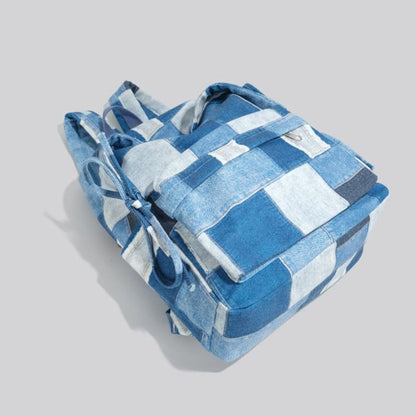 Korean Style Denim Backpack | Patchwork & Snow-Wash Blue Jean Daypack | Fits iPad & Daily Essentials