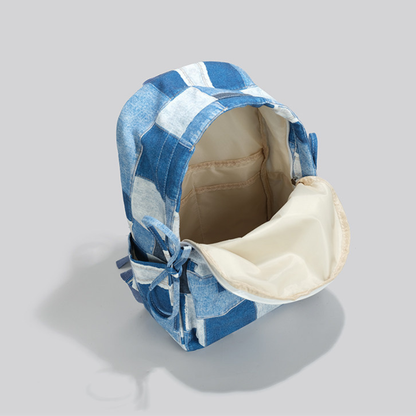 Korean Style Denim Backpack | Patchwork & Snow-Wash Blue Jean Daypack | Fits iPad & Daily Essentials