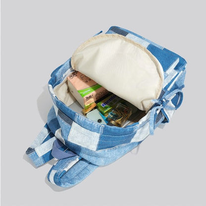 Korean Style Denim Backpack | Patchwork & Snow-Wash Blue Jean Daypack | Fits iPad & Daily Essentials