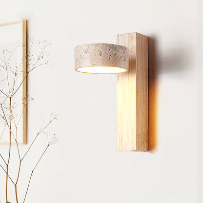Travertine Wall Light with Wood – Modern Rotatable Sconce Lamp