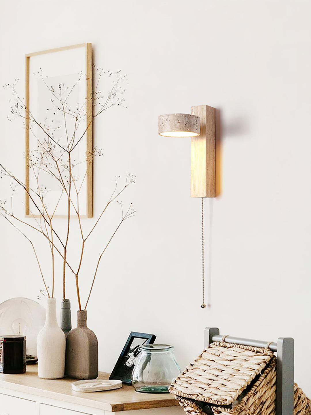Travertine Wall Light with Wood – Modern Rotatable Sconce Lamp