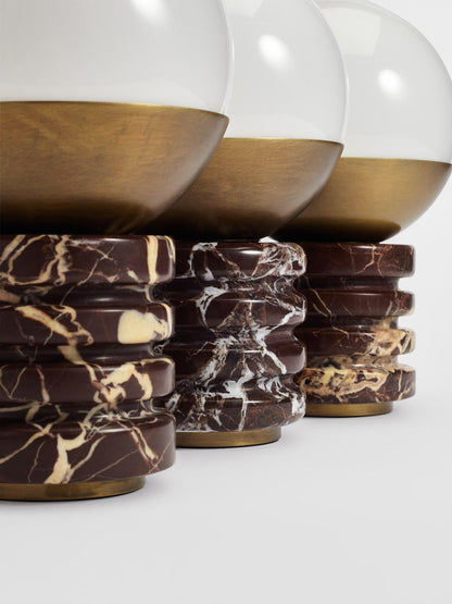 Marble Cylindrical Ridged Table Lamp - White Glass Orb & Antique Brass for Side Table