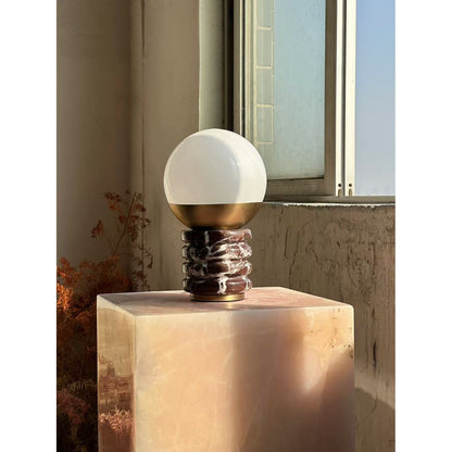 Marble Cylindrical Ridged Table Lamp - White Glass Orb & Antique Brass for Side Table