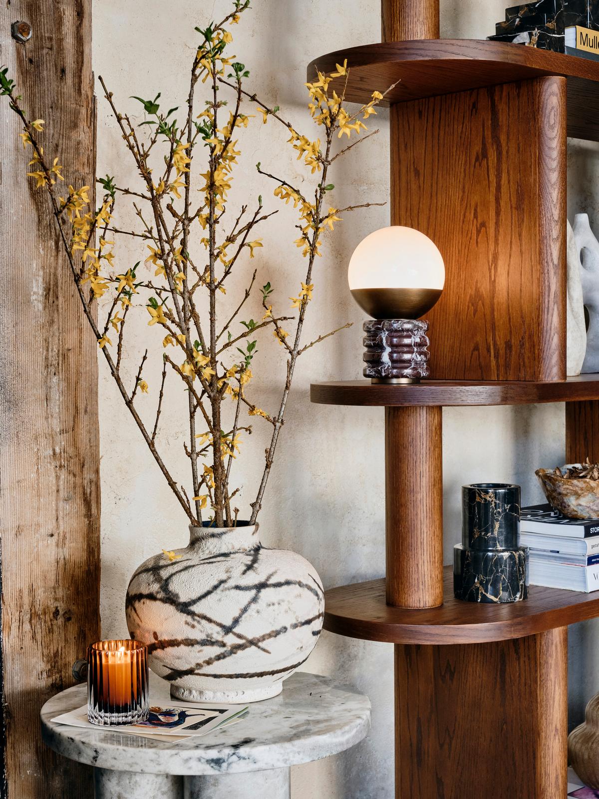 Marble Cylindrical Ridged Table Lamp - White Glass Orb & Antique Brass for Side Table