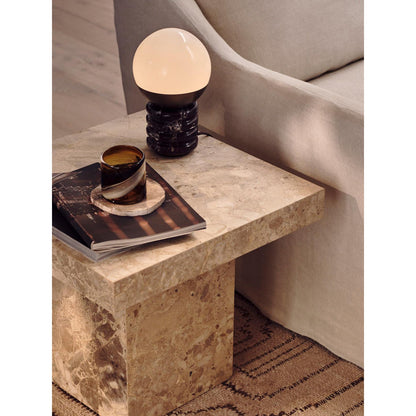 Marble Cylindrical Ridged Table Lamp - White Glass Orb & Antique Brass for Side Table