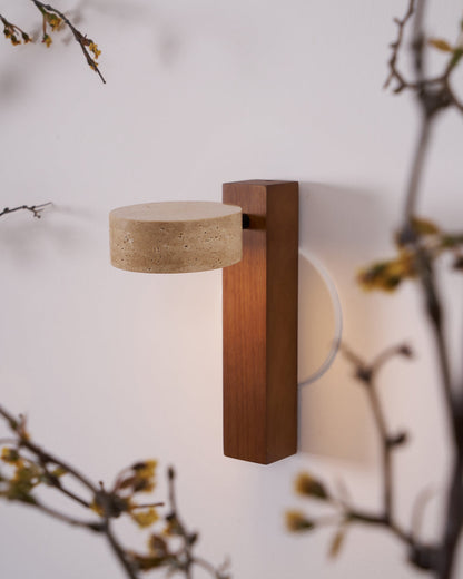 Travertine Wall Light with Wood – Modern Rotatable Sconce Lamp