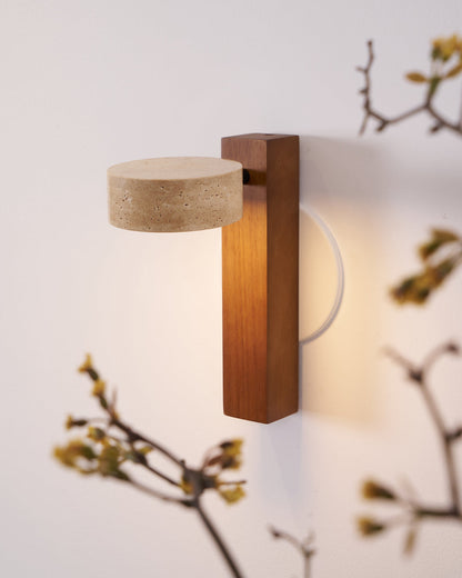 Travertine Wall Light with Wood – Modern Rotatable Sconce Lamp