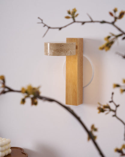Travertine Wall Light with Wood – Modern Rotatable Sconce Lamp