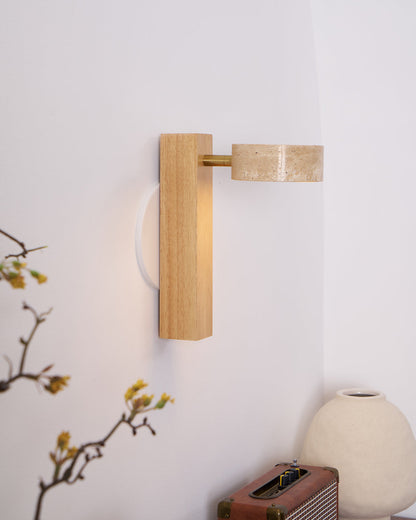 Travertine Wall Light with Wood – Modern Rotatable Sconce Lamp