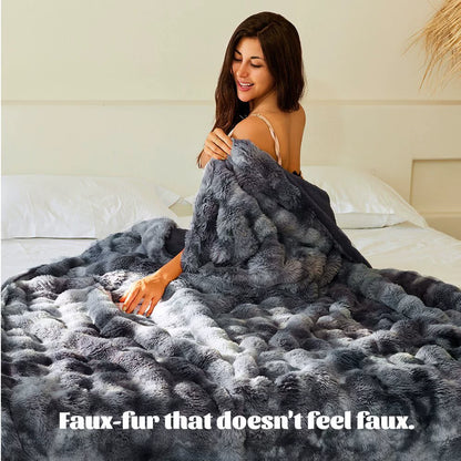 Faux Rabbit Fur Fluffy Fabric Blanket - Soft, Thick Fleece Sherpa Blanket , Stress Relief, Feel Cosy, Women's Gift for Anxiety, Cloud Bubble Blanket