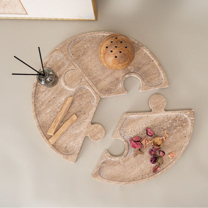 Wabi-Sabi Natural Travertine Puzzle Tray – 3-Piece Split Storage Decor