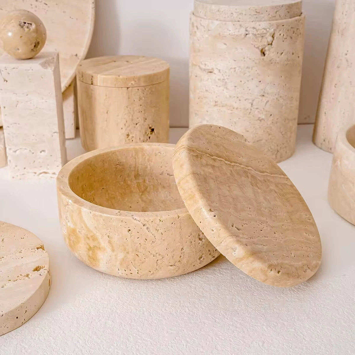 Modern Minimalist Beige Travertine Storage Jar