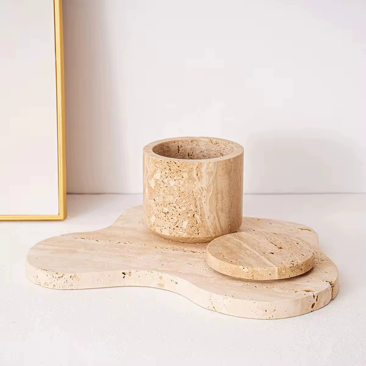 Modern Minimalist Beige Travertine Storage Jar