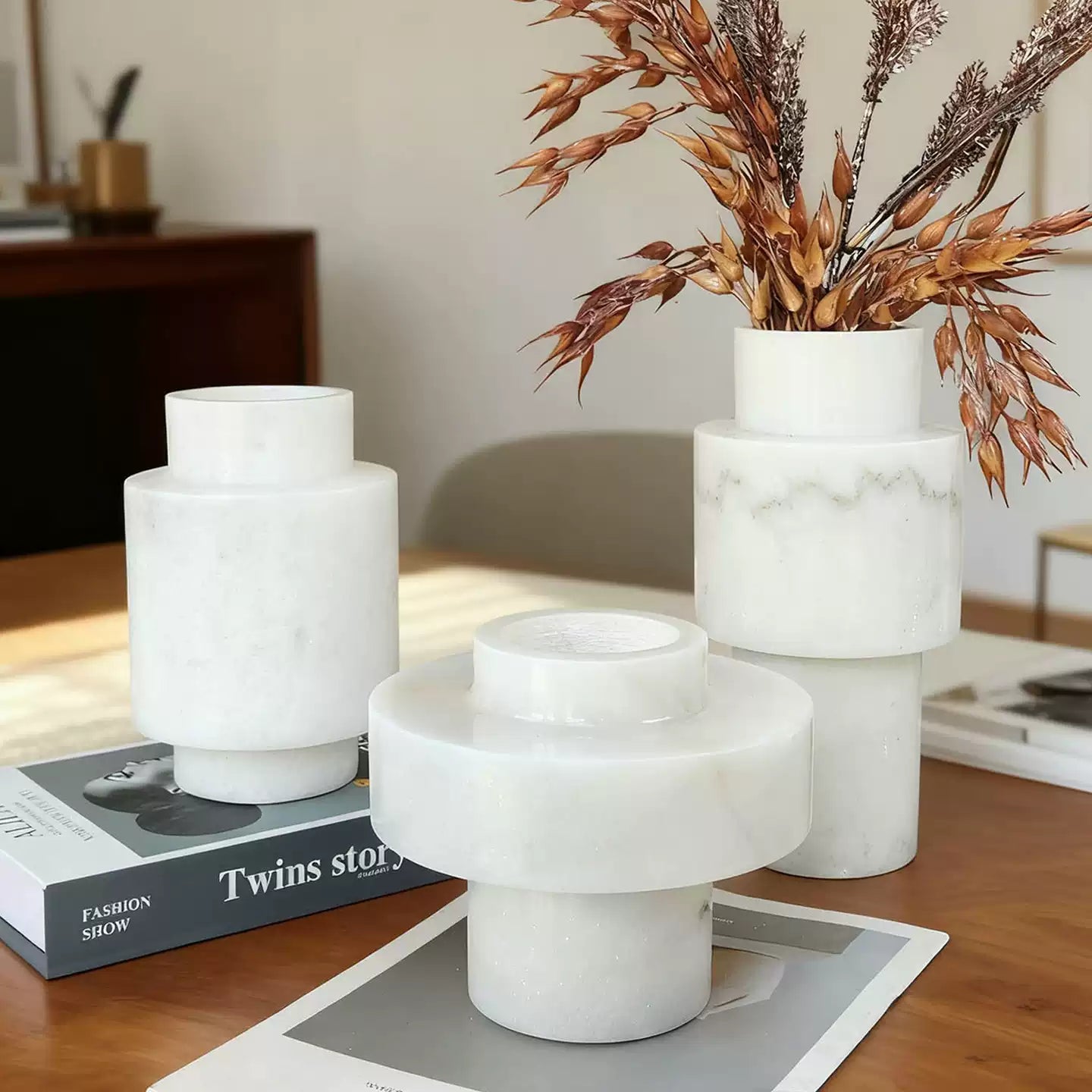 French Light Luxury White Marble Geometric Vase Collection