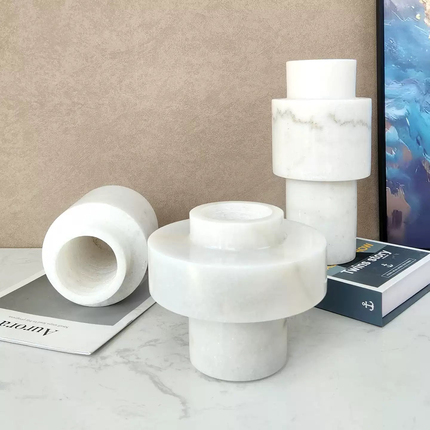 French Light Luxury White Marble Geometric Vase Collection