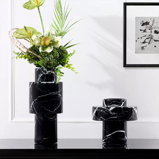 French Mid-Century Black & White Marble Geometric Vase