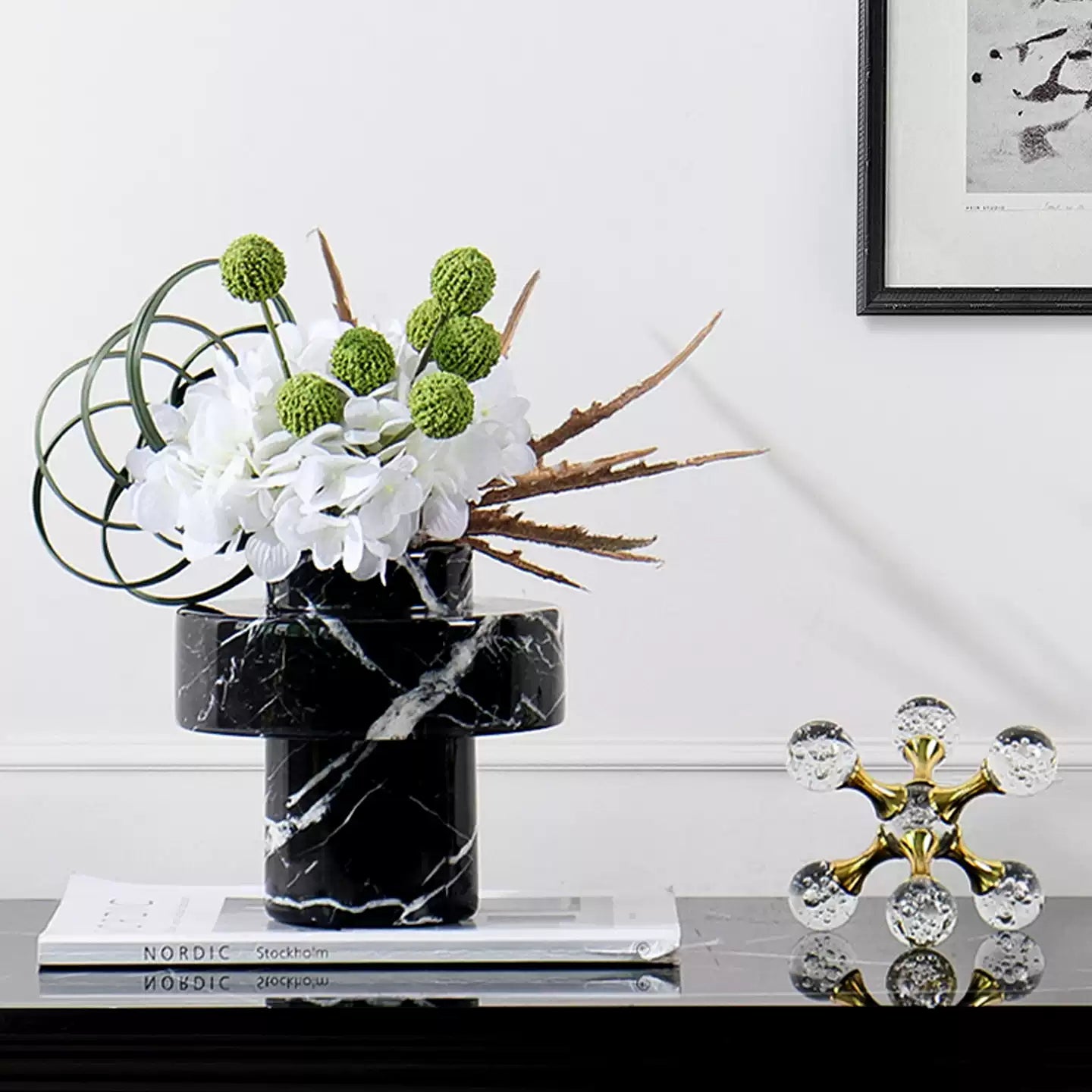 French Mid-Century Black & White Marble Geometric Vase